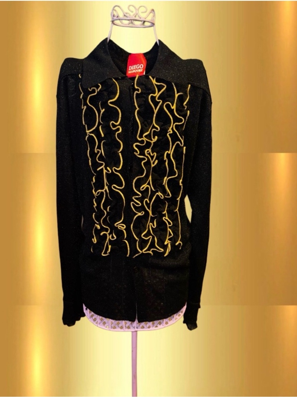 Diego Marquez Medium Black Blouse with Gold Ruffle Front